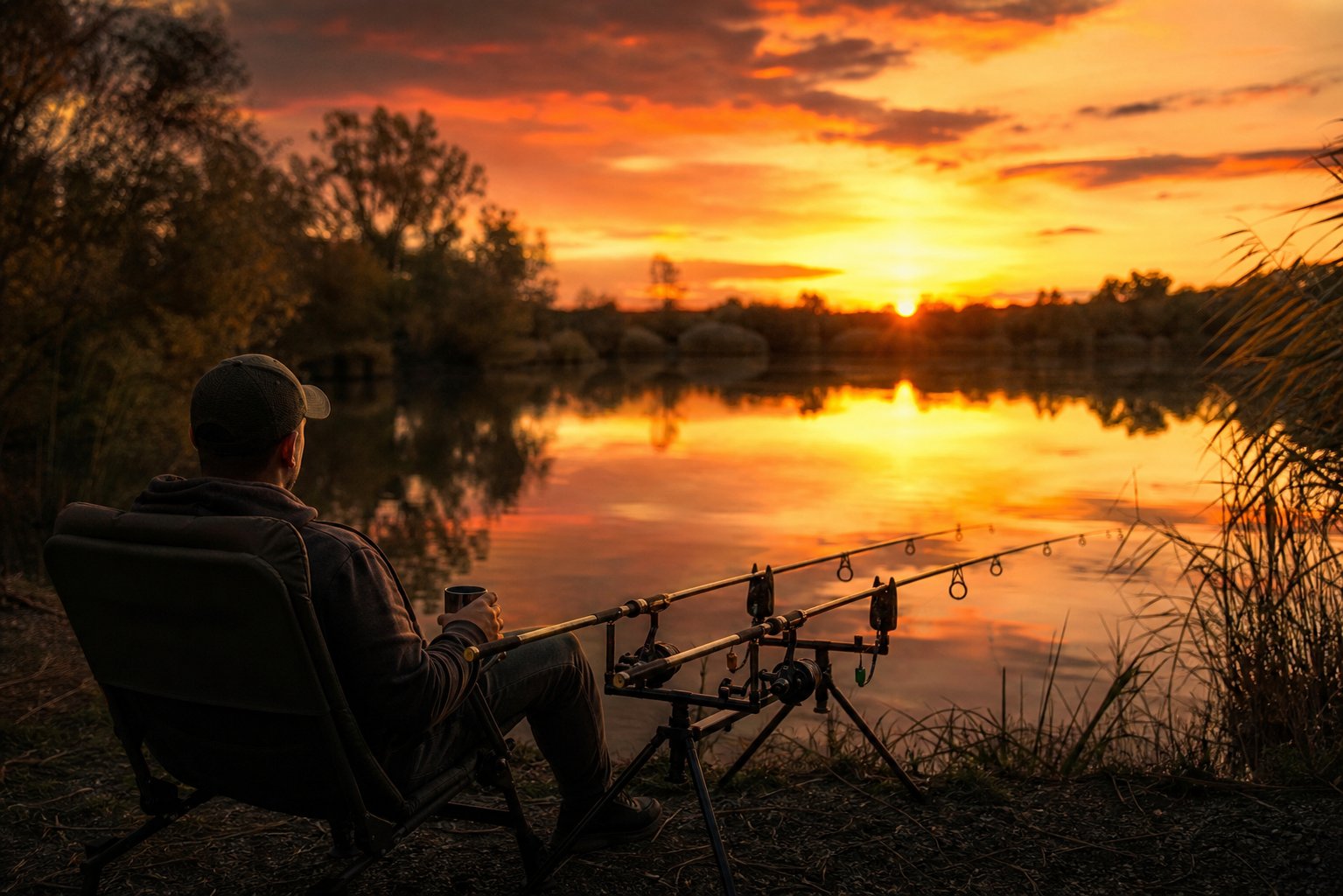 Pêche à la carpe au coucher du soleil